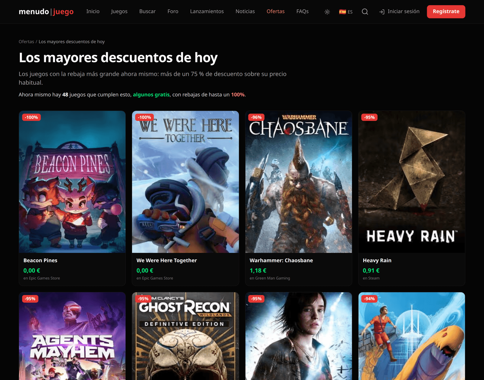 menudojuego.com's 'biggest discounts today' page: 48 games at more than 75% off, shown as a grid of covers with the discount and price on each one